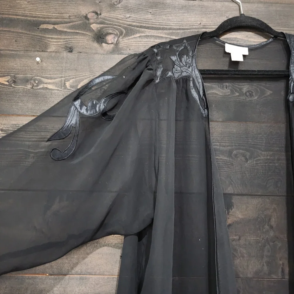 Vintage Victorias Secret Gold Label Sheer Black Robe Floral Applique Large L